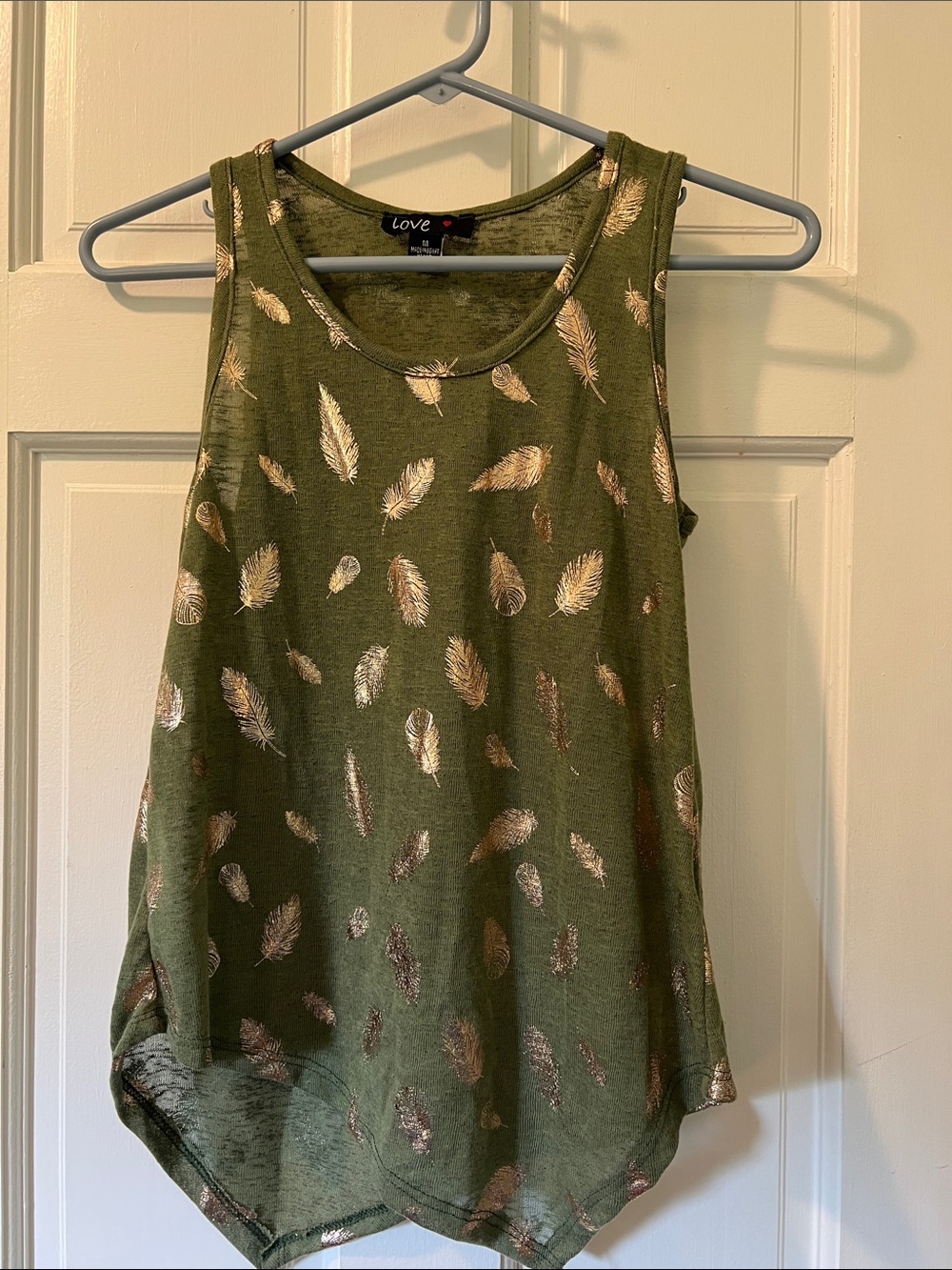 Love Olive Green Metallic Feather Scoop Neck Tank